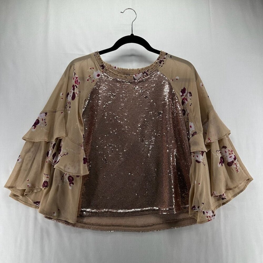 Free People Top Size S Shimmy & Shake Sequin Floral Tiered Bell Sleeve Brown - Picture 2 of 12